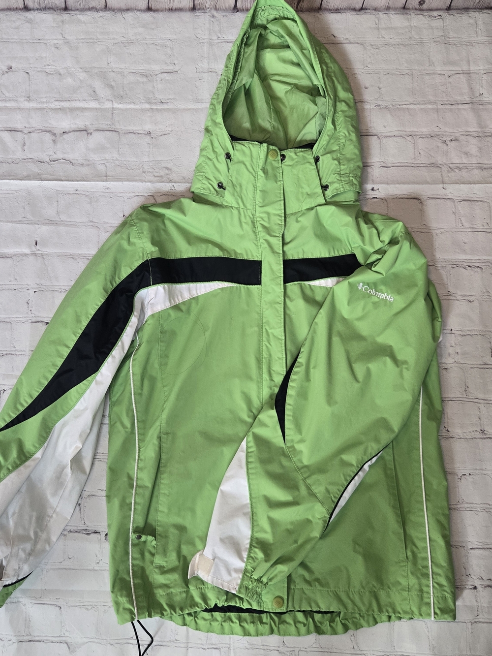 Columbia Lime Green Hooded Kids Rain Jacket with Black & White Accents